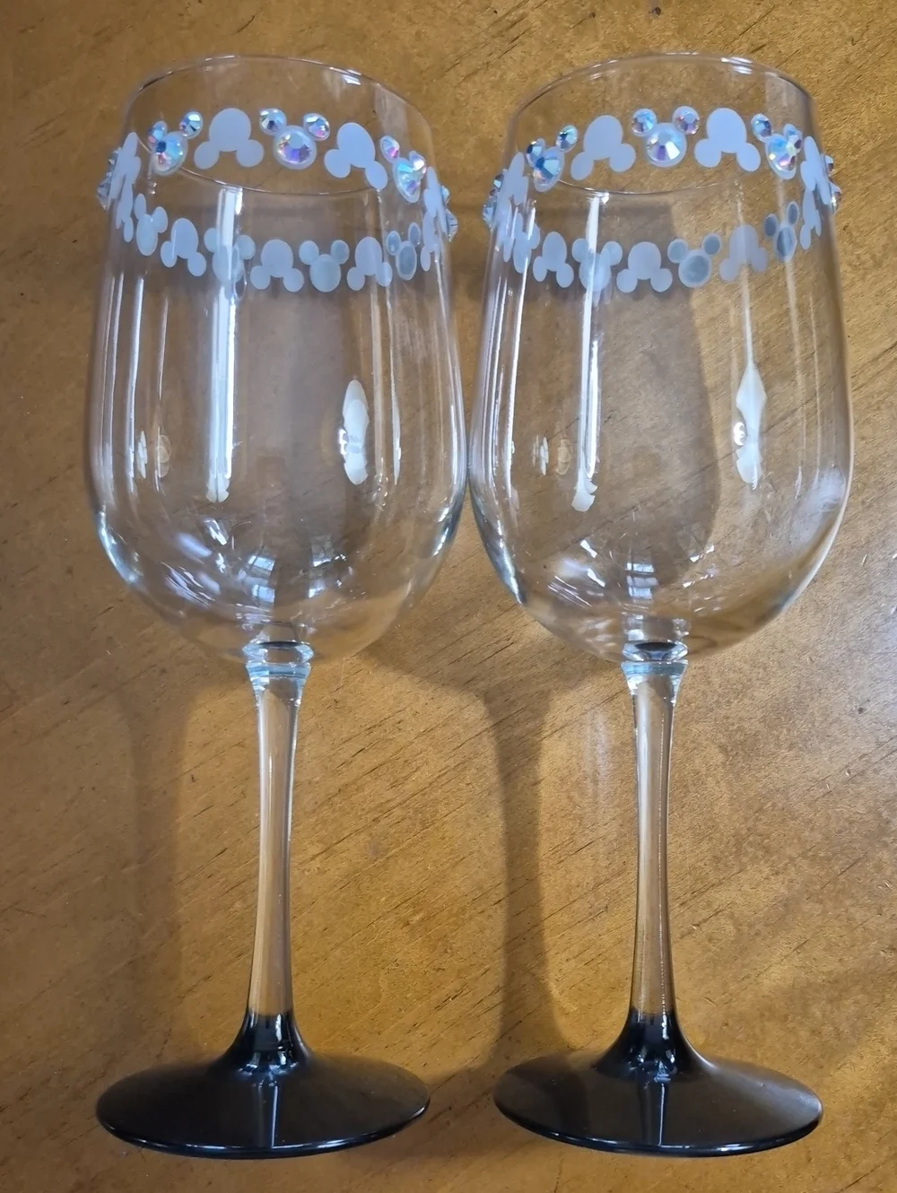 Crystal Wine Glass with White Mickey Head Pattern and Iridescent Gems. Pair of 2